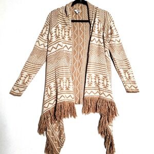 Sonoma Womens Large Tan Cream Fringe Cardigan Geometric Southwestern Boho Wrap